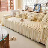 Grid Textured Sofa Cover with Sheer Ruffle Skirt, Pet-Friendly Sofa Throw Slipcover - Ornate Home
