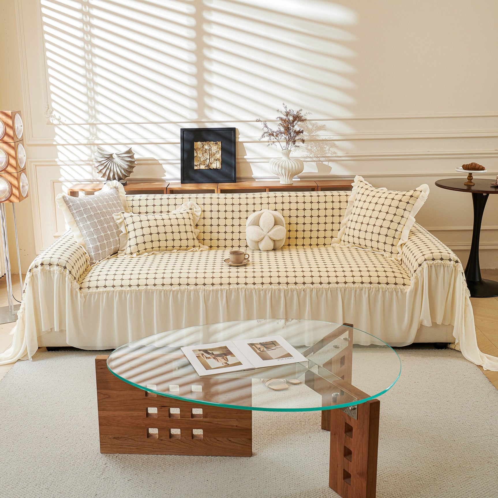 Grid Textured Sofa Cover with Sheer Ruffle Skirt, Pet-Friendly Sofa Throw Slipcover - Ornate Home
