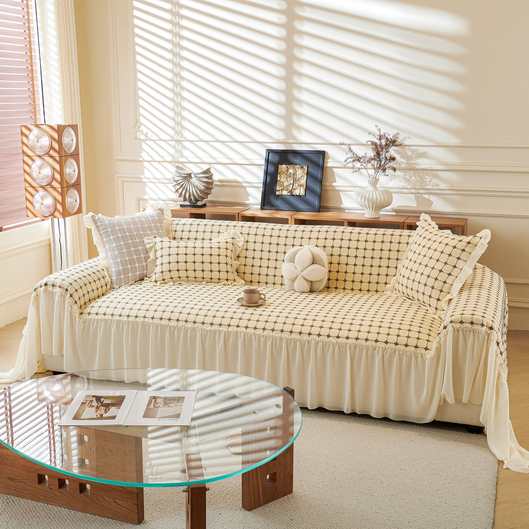 Grid Textured Sofa Cover with Sheer Ruffle Skirt, Pet-Friendly Sofa Throw Slipcover - Ornate Home
