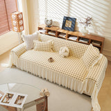 Grid Textured Sofa Cover with Sheer Ruffle Skirt, Pet-Friendly Sofa Throw Slipcover - Ornate Home