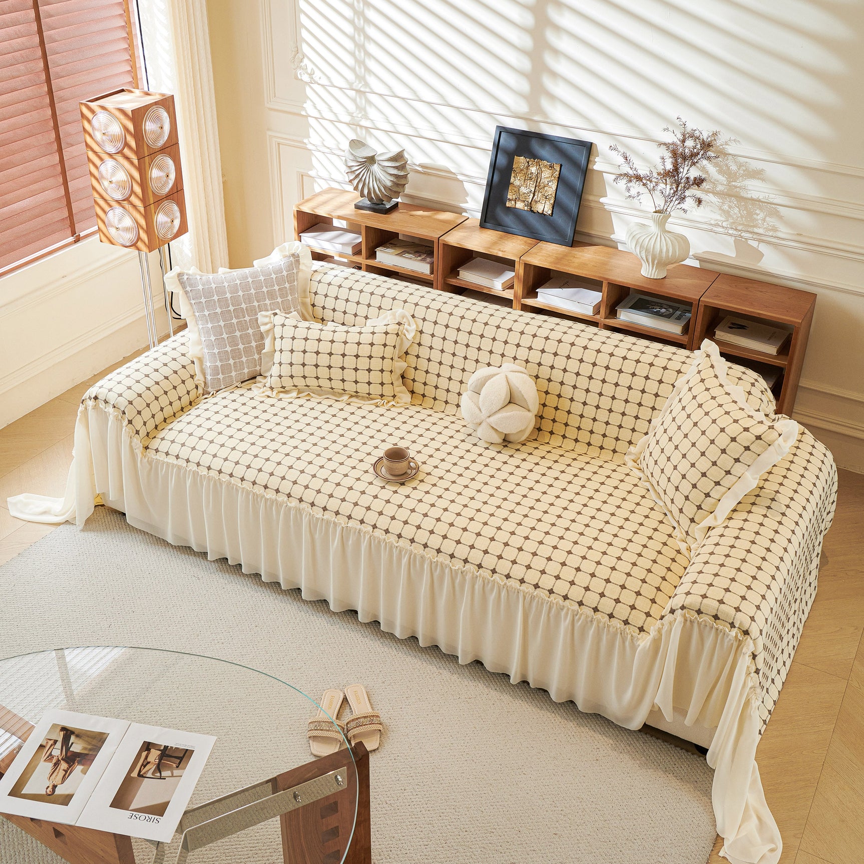 Grid Textured Sofa Cover with Sheer Ruffle Skirt, Pet-Friendly Sofa Throw Slipcover - Ornate Home