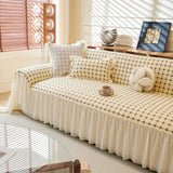 Grid Textured Sofa Cover with Sheer Ruffle Skirt, Pet-Friendly Sofa Throw Slipcover - Ornate Home