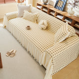 Grid Textured Sofa Cover with Sheer Ruffle Skirt, Pet-Friendly Sofa Throw Slipcover - Ornate Home