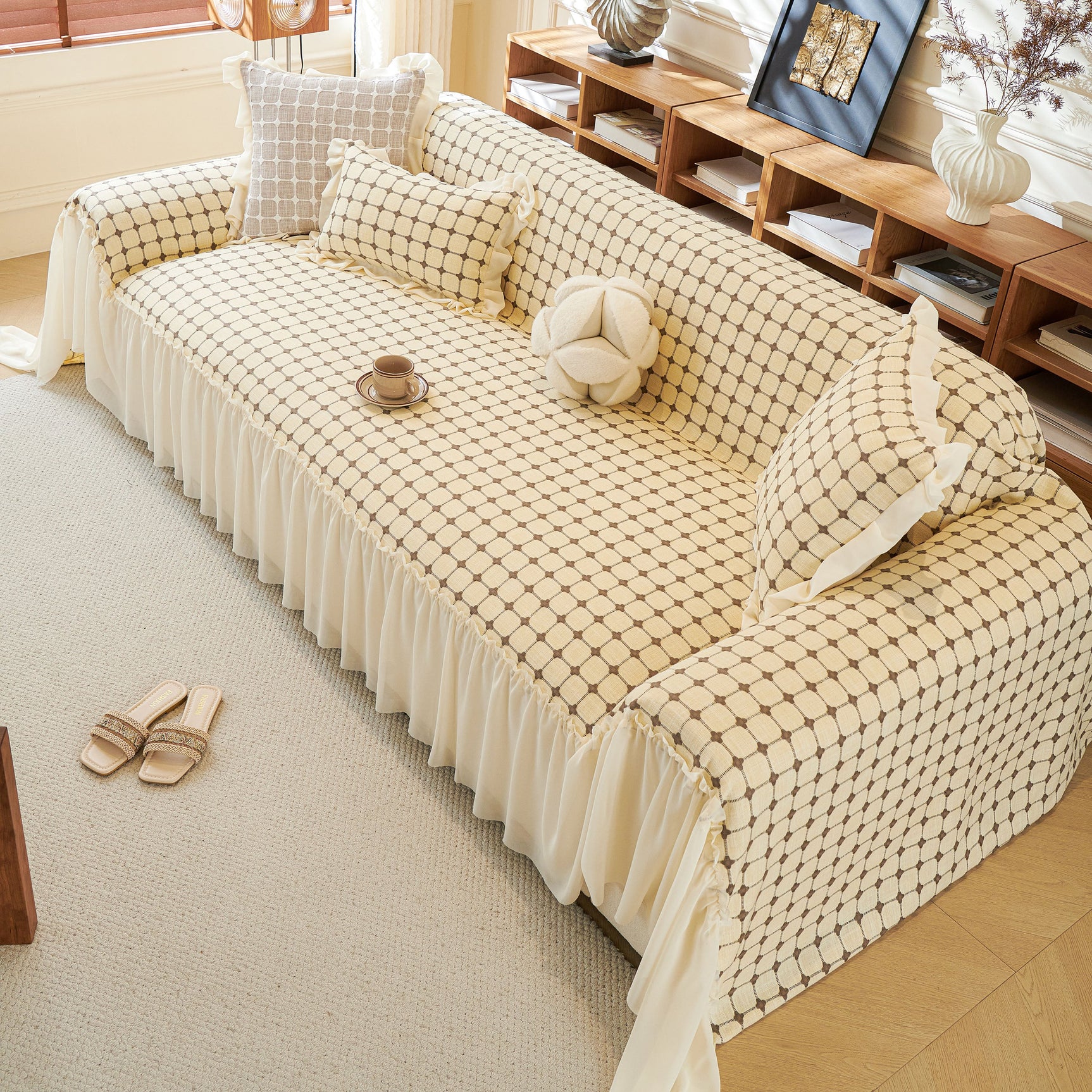 Grid Textured Sofa Cover with Sheer Ruffle Skirt, Pet-Friendly Sofa Throw Slipcover - Ornate Home