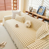 Grid Textured Sofa Cover with Sheer Ruffle Skirt, Pet-Friendly Sofa Throw Slipcover - Ornate Home