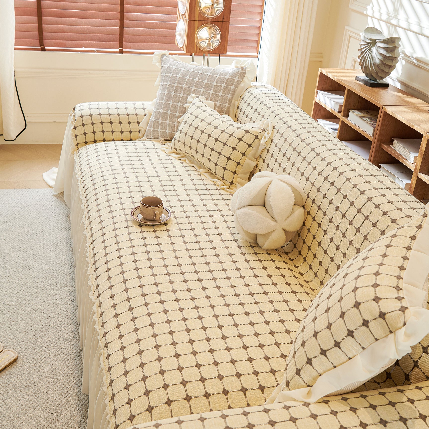 Grid Textured Sofa Cover with Sheer Ruffle Skirt, Pet-Friendly Sofa Throw Slipcover - Ornate Home
