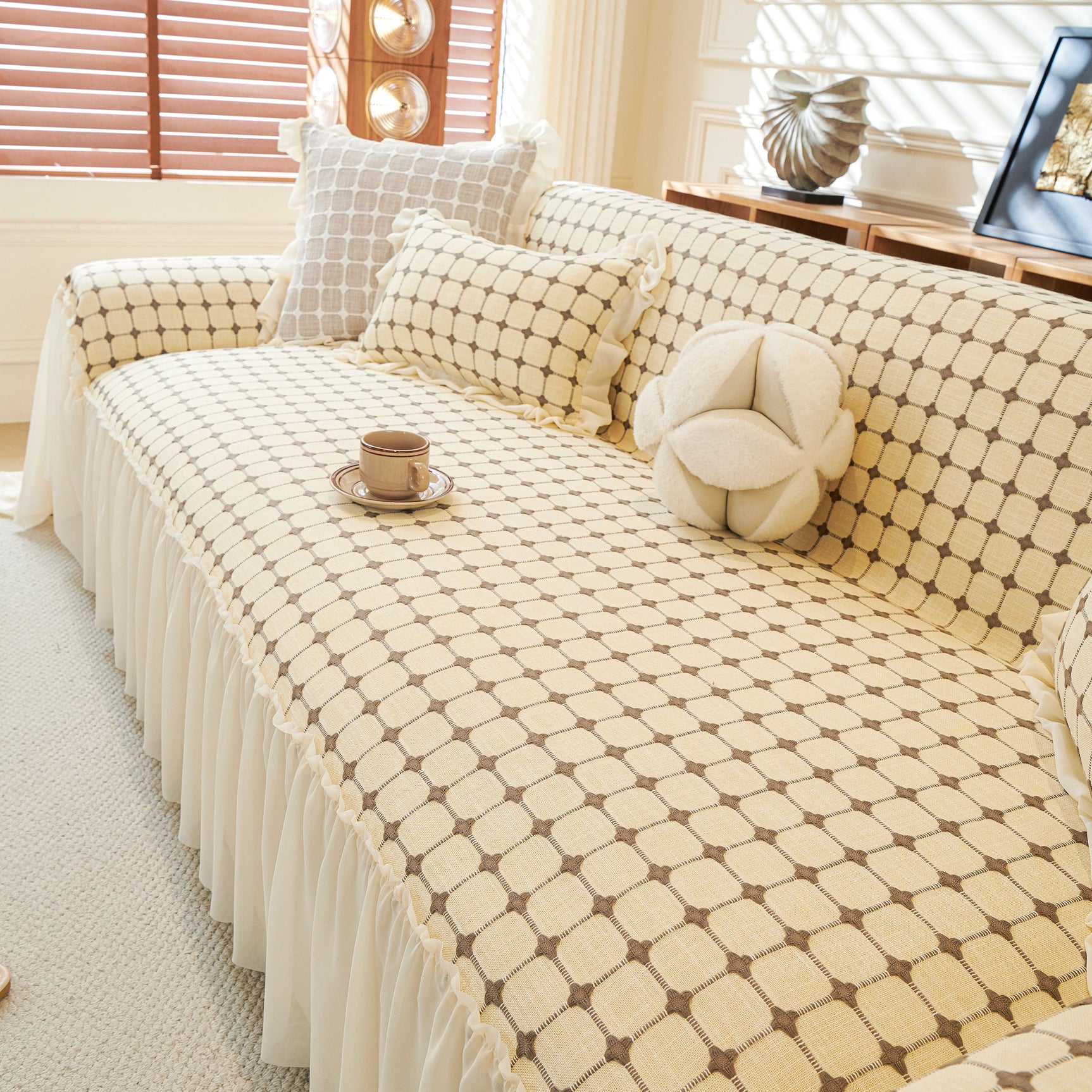 Grid Textured Sofa Cover with Sheer Ruffle Skirt, Pet-Friendly Sofa Throw Slipcover - Ornate Home