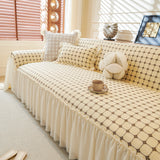 Grid Textured Sofa Cover with Sheer Ruffle Skirt, Pet-Friendly Sofa Throw Slipcover - Ornate Home