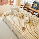 Grid Textured Sofa Cover with Sheer Ruffle Skirt, Pet-Friendly Sofa Throw Slipcover - Ornate Home