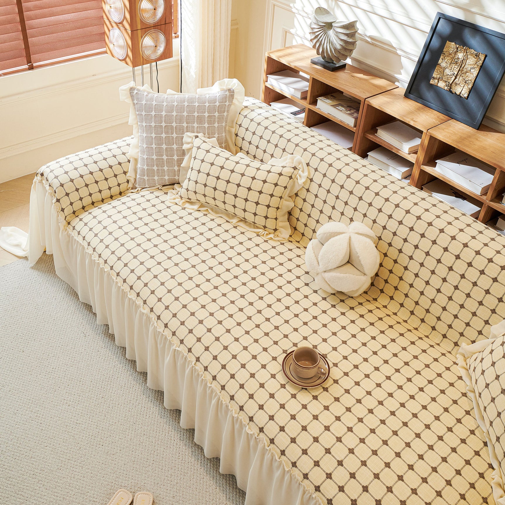 Grid Textured Sofa Cover with Sheer Ruffle Skirt, Pet-Friendly Sofa Throw Slipcover - Ornate Home