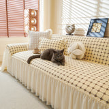 Grid Textured Sofa Cover with Sheer Ruffle Skirt, Pet-Friendly Sofa Throw Slipcover - Ornate Home
