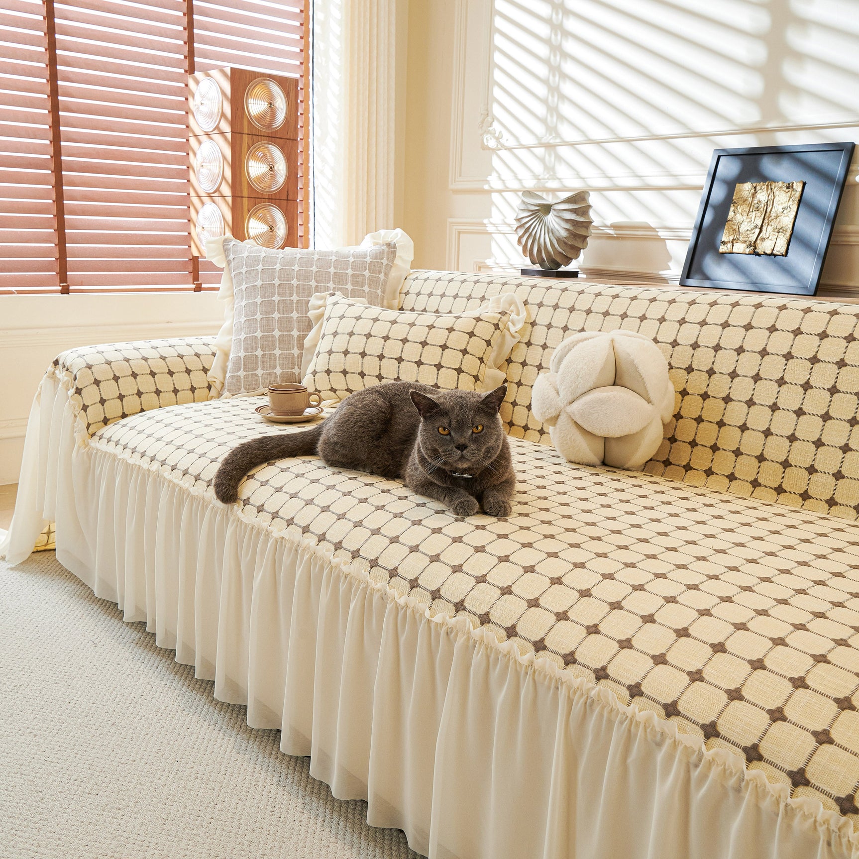 Grid Textured Sofa Cover with Sheer Ruffle Skirt, Pet-Friendly Sofa Throw Slipcover - Ornate Home