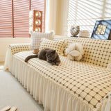 Grid Textured Sofa Cover with Sheer Ruffle Skirt, Pet-Friendly Sofa Throw Slipcover - Ornate Home