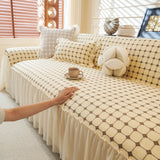 Grid Textured Sofa Cover with Sheer Ruffle Skirt, Pet-Friendly Sofa Throw Slipcover - Ornate Home
