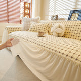 Grid Textured Sofa Cover with Sheer Ruffle Skirt, Pet-Friendly Sofa Throw Slipcover - Ornate Home