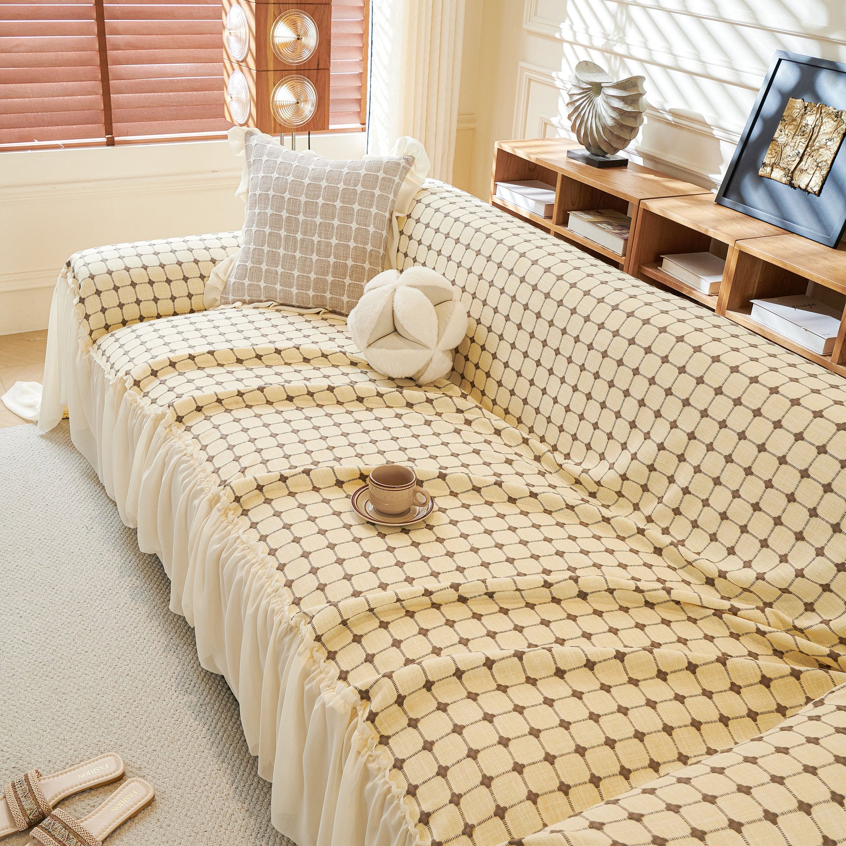 Grid Textured Sofa Cover with Sheer Ruffle Skirt, Pet-Friendly Sofa Throw Slipcover - Ornate Home