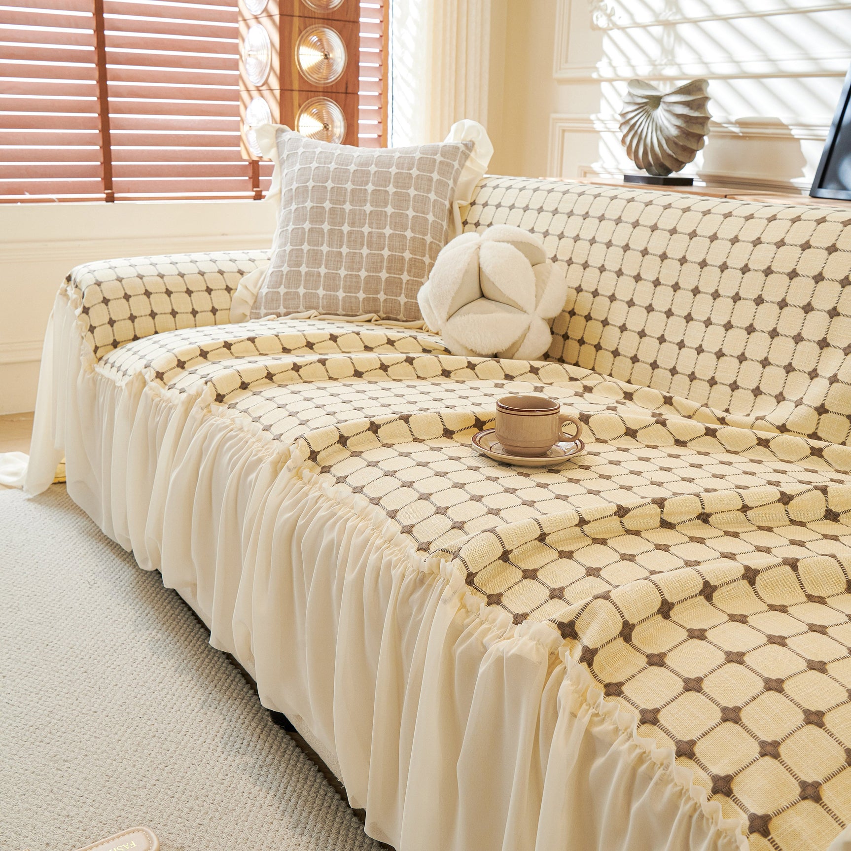 Grid Textured Sofa Cover with Sheer Ruffle Skirt, Pet-Friendly Sofa Throw Slipcover - Ornate Home