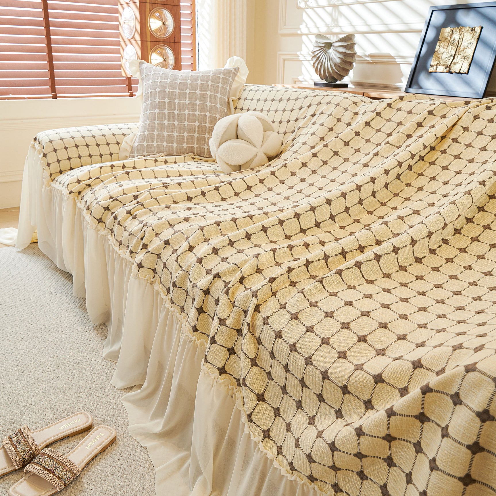 Grid Textured Sofa Cover with Sheer Ruffle Skirt, Pet-Friendly Sofa Throw Slipcover - Ornate Home