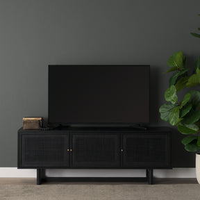Grier Black 65" Solid Wood Cane Media Console - Ornate Home