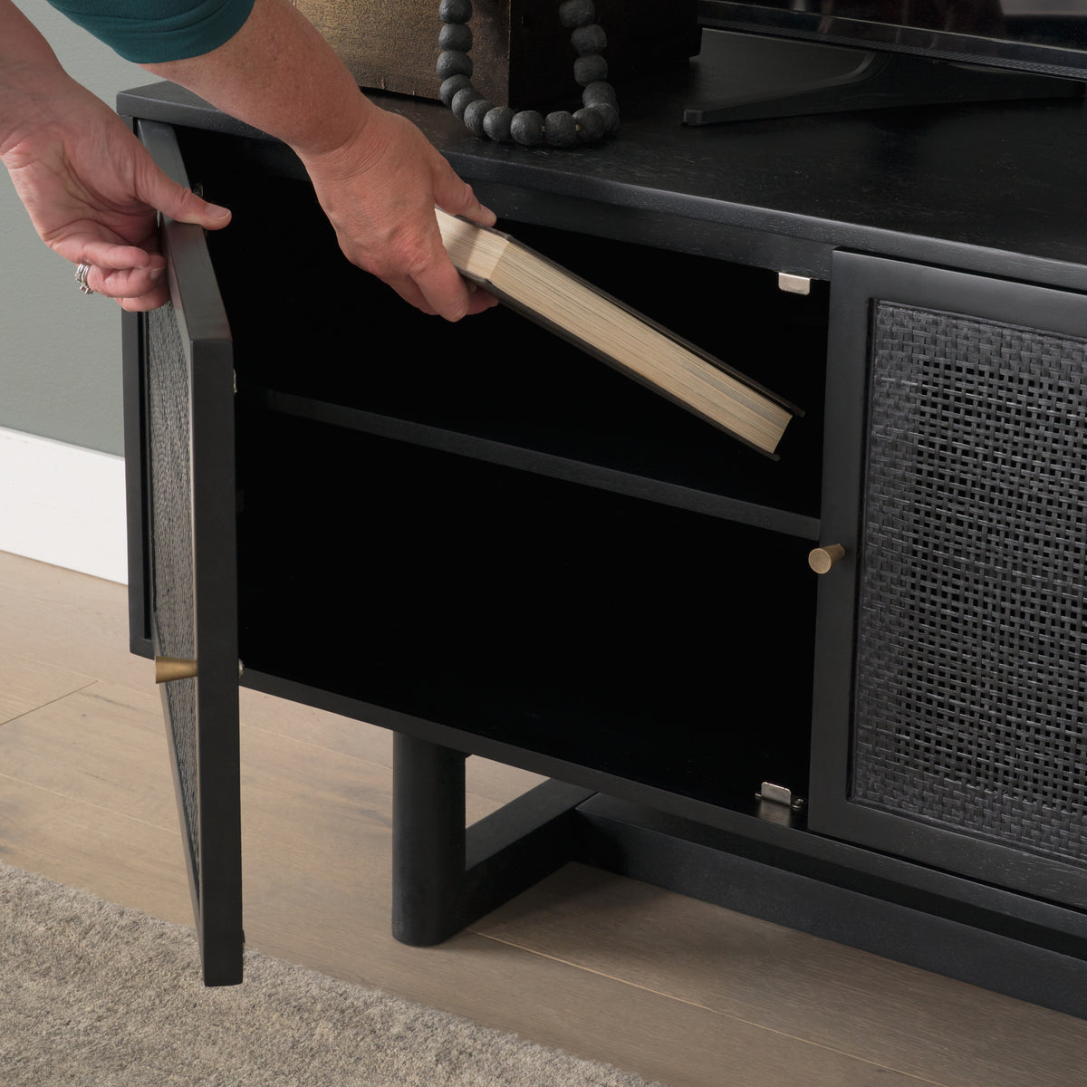 Grier Black 65" Solid Wood Cane Media Console - Ornate Home