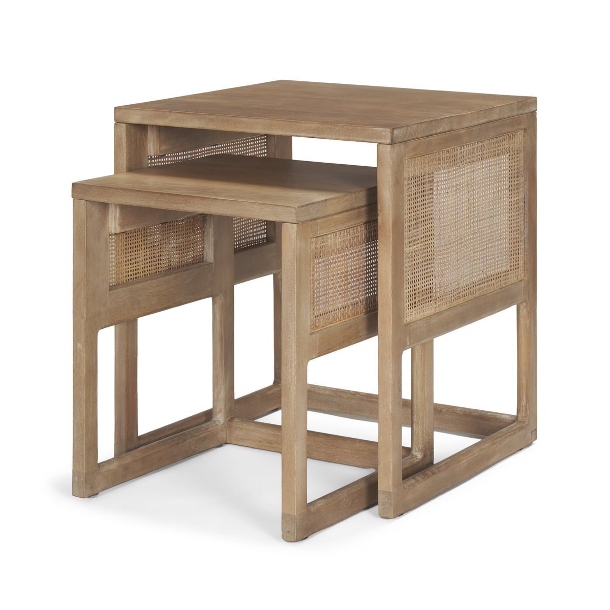 Grier Light Brown Solid Wood with Cane Nesting Accent Tables (Set of 2) - Ornate Home
