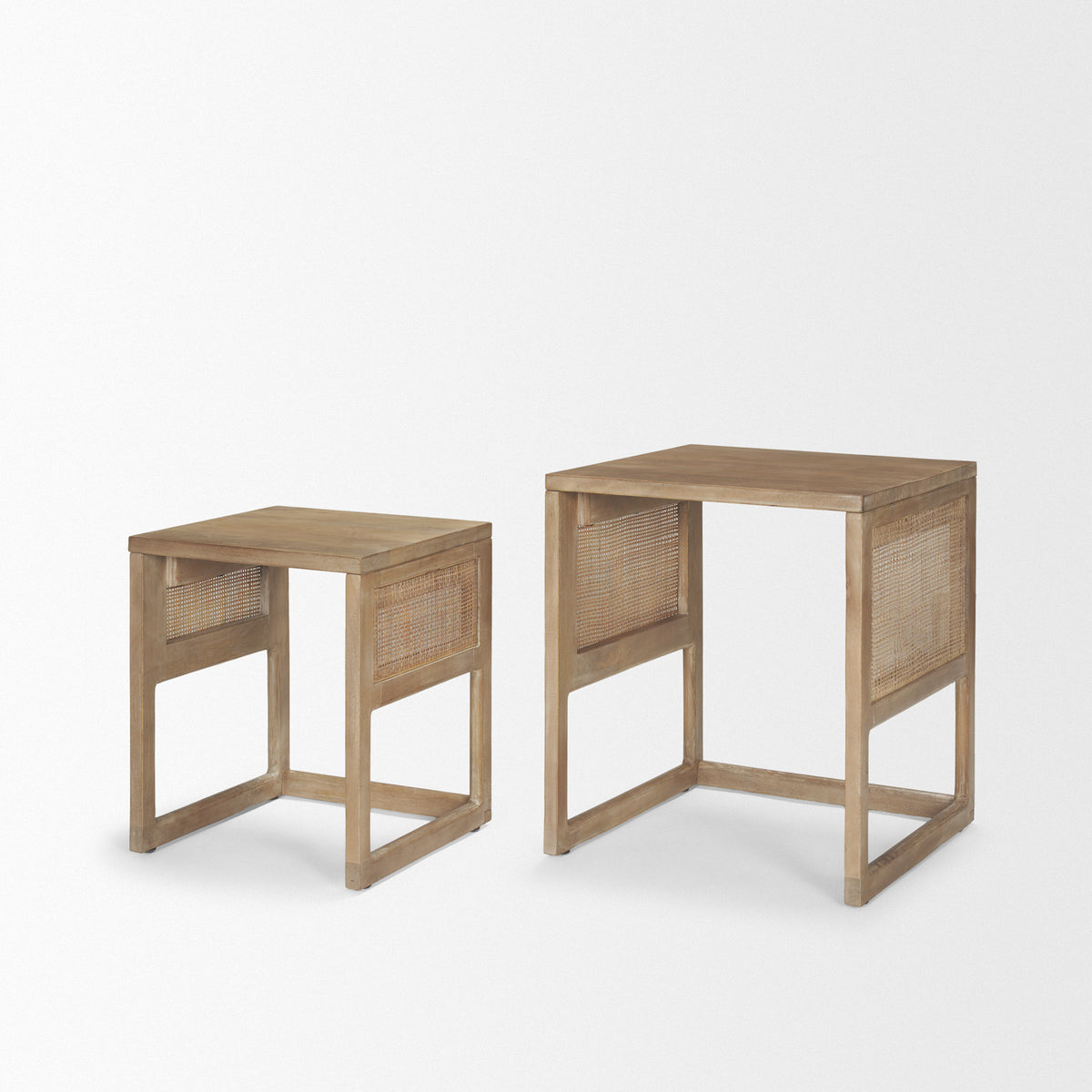 Grier Light Brown Solid Wood with Cane Nesting Accent Tables (Set of 2) - Ornate Home