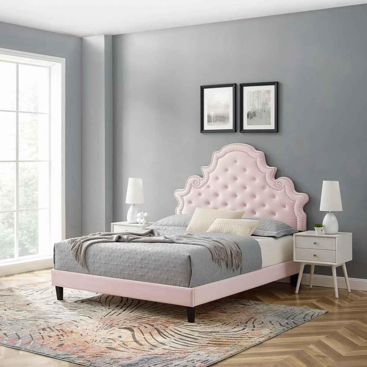 Gwyneth Pink Tufted Performance Velvet Full Platform Bed - 81.5x67" - Ornate Home