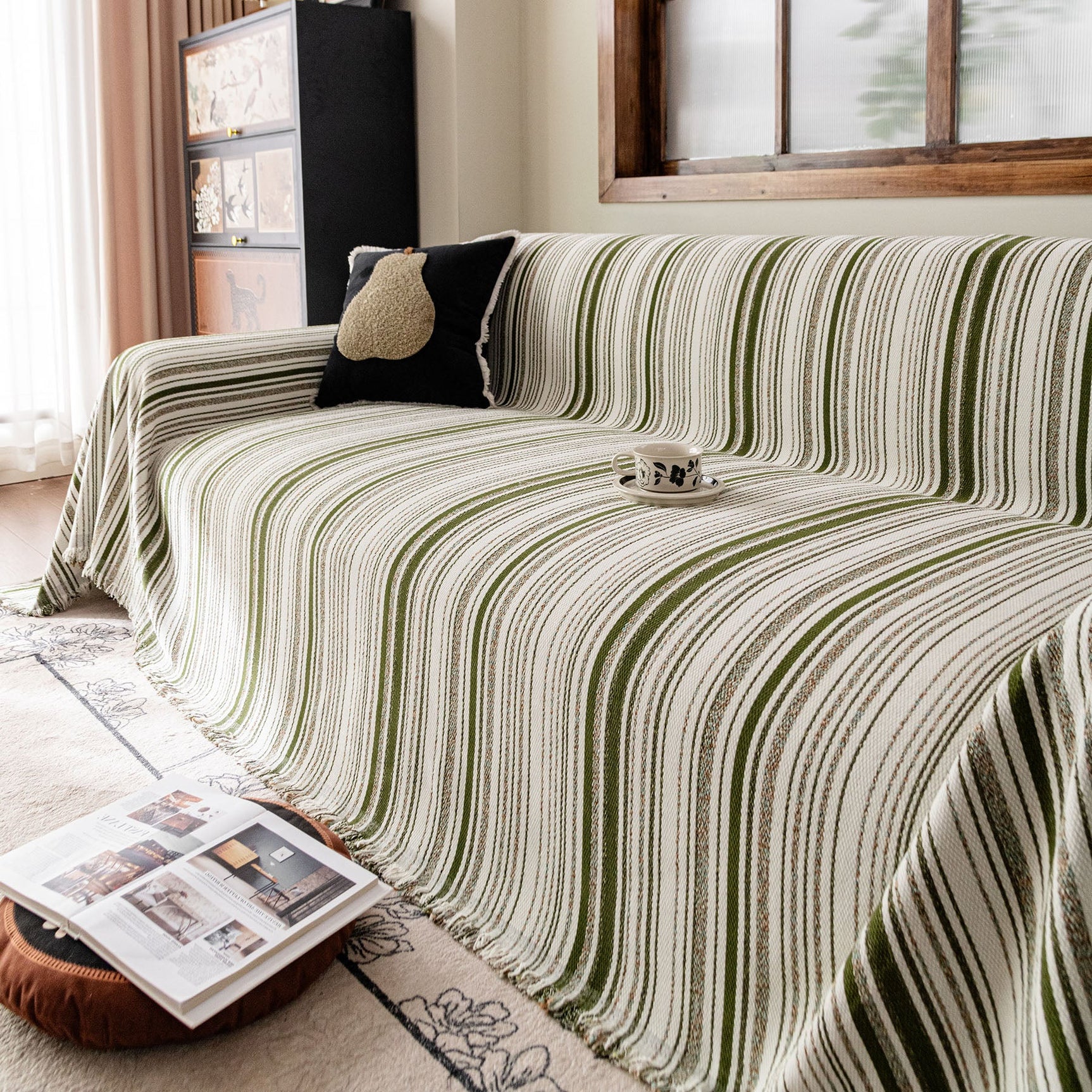Luxury Cozy Chenille Sofa Cover Throw, Elegant Striped Soft Textured Couch Blanket
