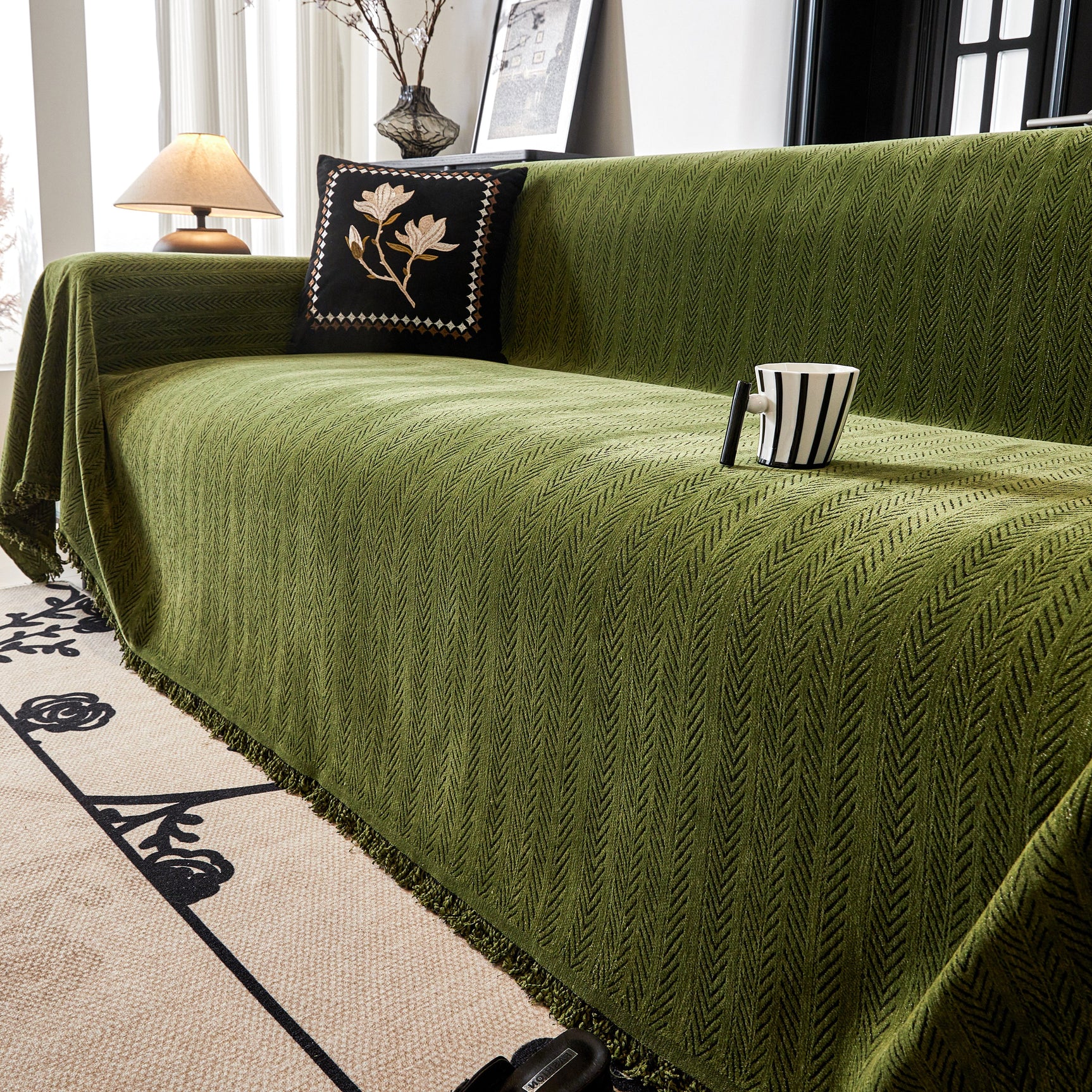 Herringbone Chenille Couch Cover Blanket Soft Durable Throw Sofa Protector with Tassel