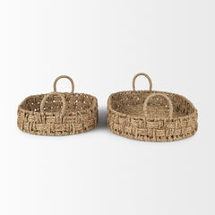 Haini Brown Large Basketweave Seagrass Trays with Loop Handles (Set of 2)