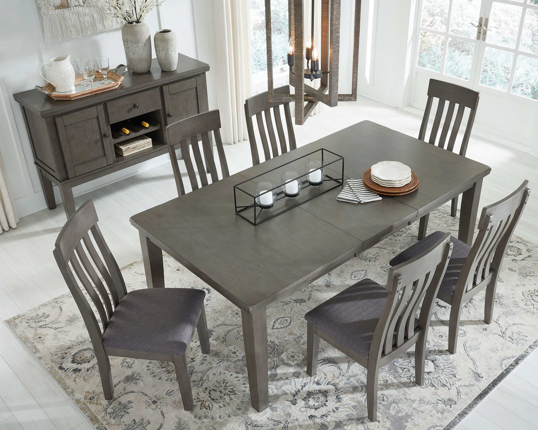 Hallanden Gray Dining Room Set w/ Storage Sideboard / 8pc (Online Special Price) - Ornate Home