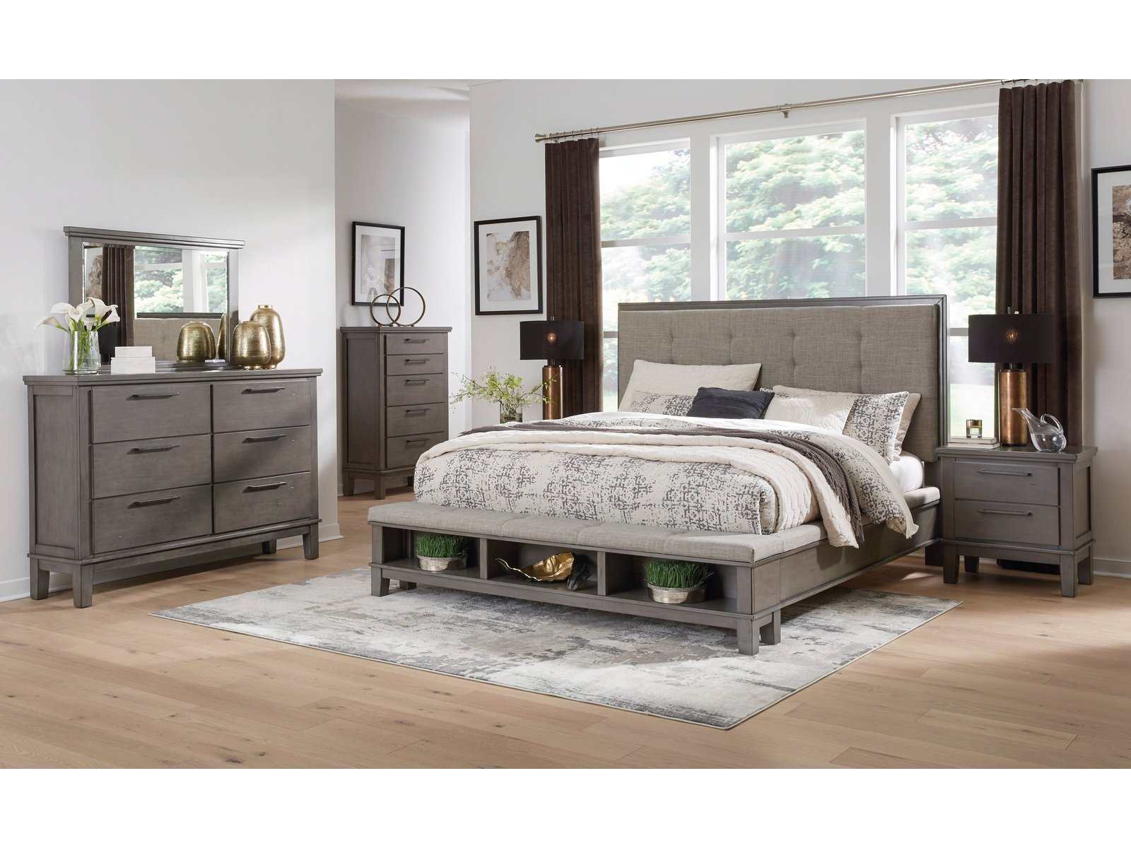 Hallanden Gray & Taupe Uph. Panel Bedroom Sets (Online Special Price) - Ornate Home