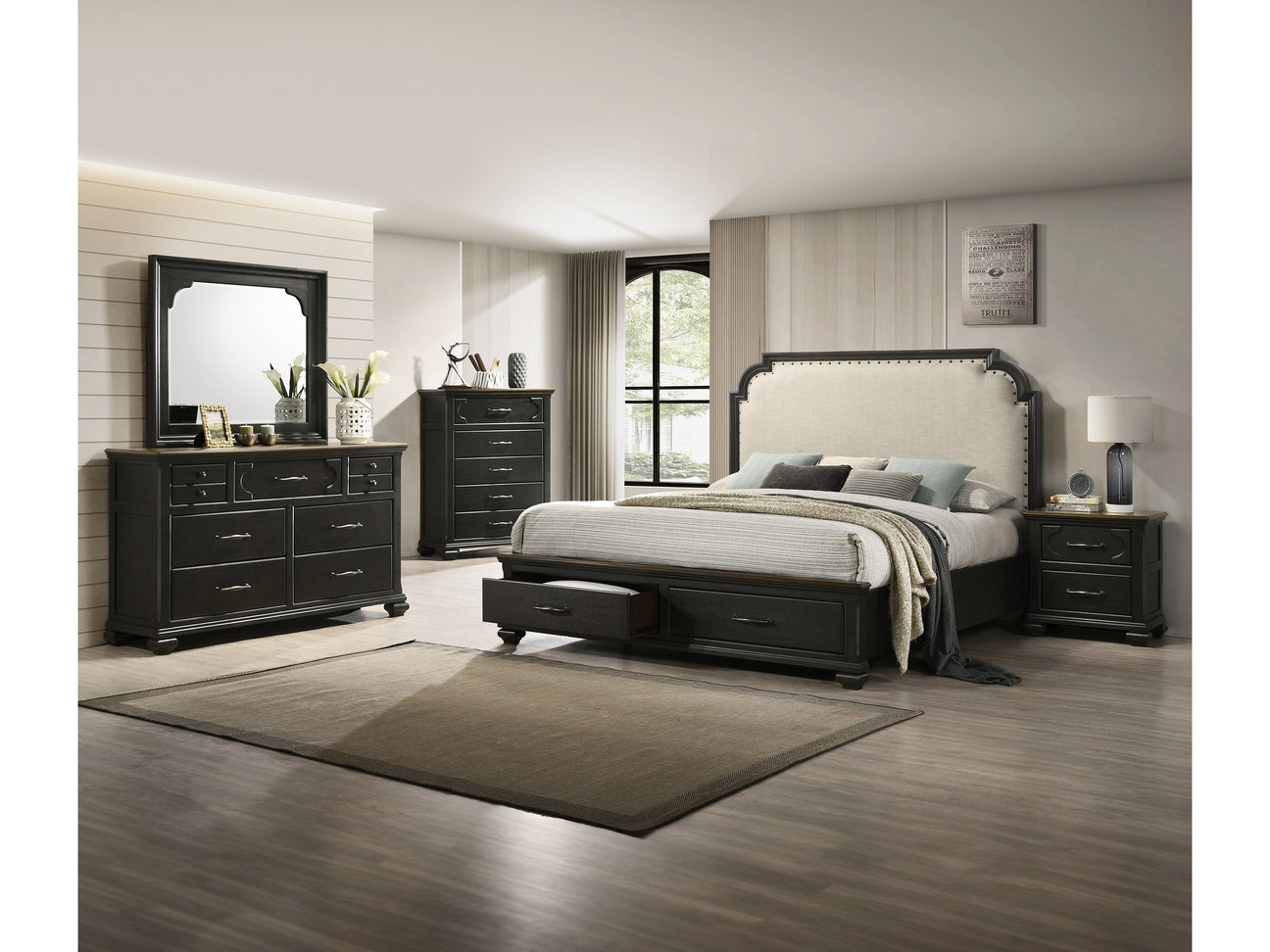 Hamilton Charcoal Upholstered Storage Platform Bedroom Set - Ornate Home