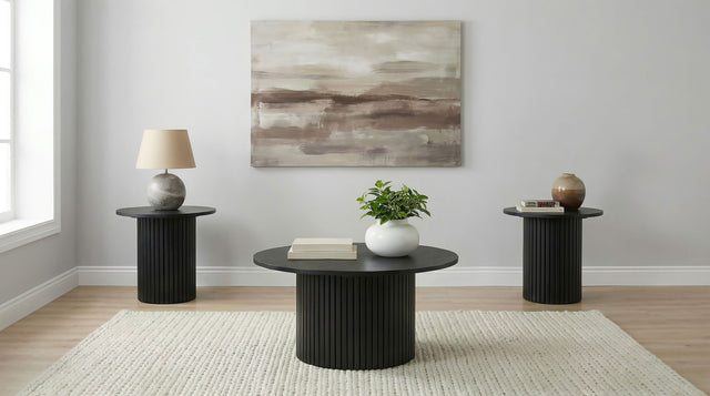 Hamlyn Black 3-piece Round Fluted Coffee and End Table Set - Ornate Home