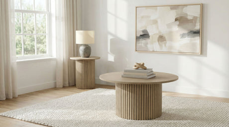 Hamlyn Natural Oak 2-piece Round Fluted Coffee and End Table Set - Ornate Home