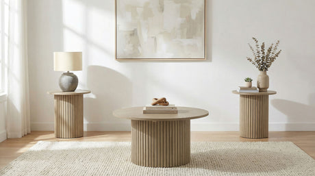 Hamlyn Natural Oak 3-piece Round Fluted Coffee and End Table Set - Ornate Home
