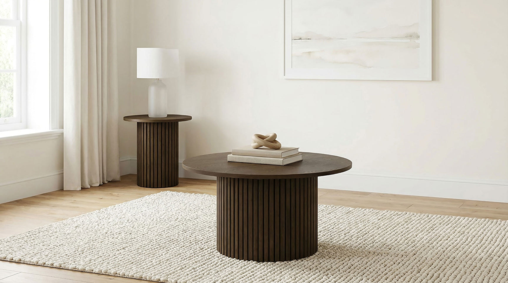 Hamlyn Walnut 2-piece Round Fluted Coffee and End Table Set - Ornate Home