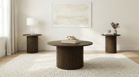 Hamlyn Walnut 3-piece Round Fluted Coffee and End Table Set - Ornate Home