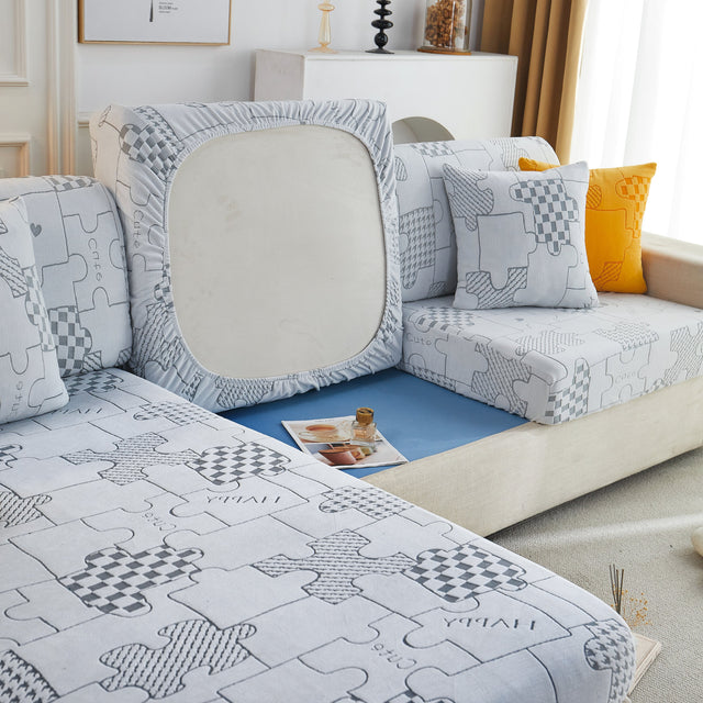 Happy Puzzle Jacquard Fleece Stretchable Cushion Cover, Non-Slip L Shaped Couch Covers for Pets - Ornate Home