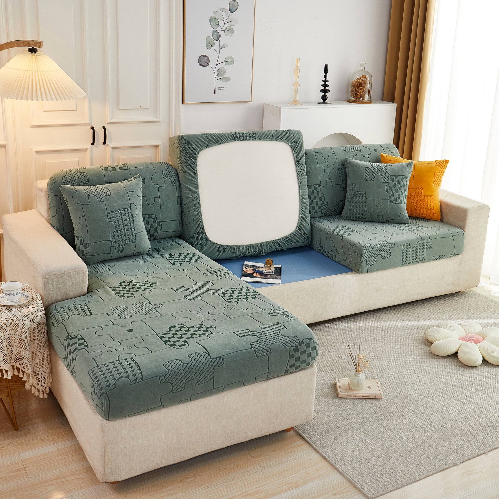 Happy Puzzle Jacquard Fleece Stretchable Cushion Cover, Non-Slip L Shaped Couch Covers for Pets - Ornate Home