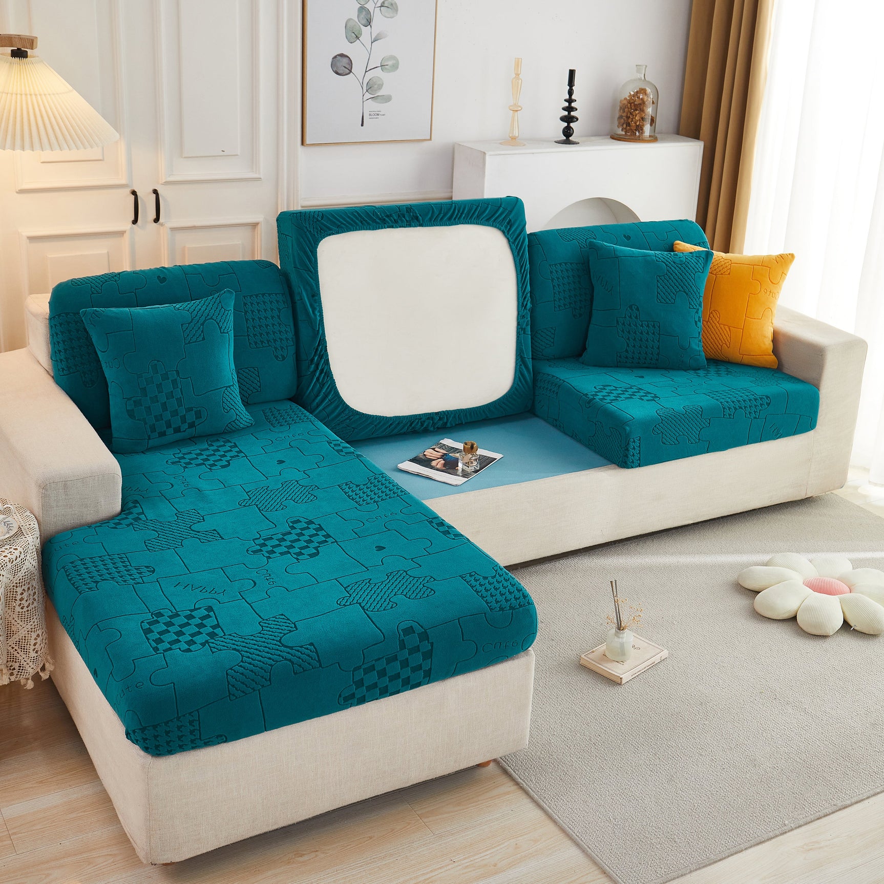 Happy Puzzle Jacquard Fleece Stretchable Cushion Cover, Non-Slip L Shaped Couch Covers for Pets - Ornate Home