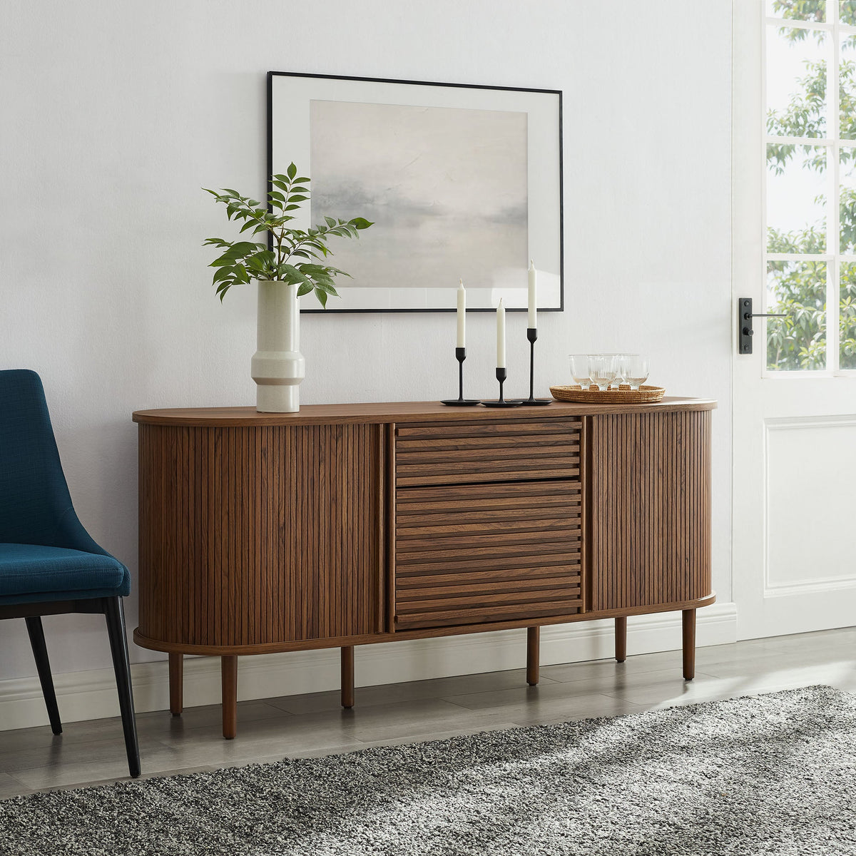 Harlan Walnut 67" Fluted Oval Sideboard Cabinet - Ornate Home