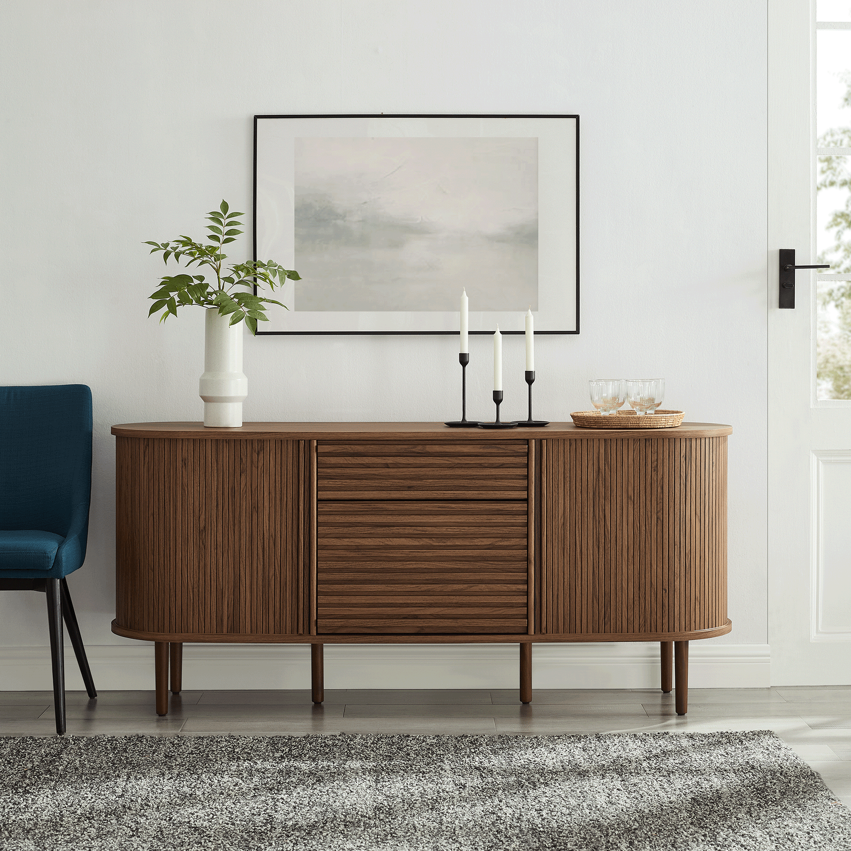Harlan Walnut 67" Fluted Oval Sideboard Cabinet - Ornate Home