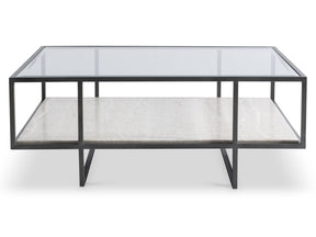 Harlow Glass/White Travertine/Oil-Rubbed Bronze Cocktail Table - Ornate Home