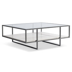 Harlow Glass/White Travertine/Oil-Rubbed Bronze Cocktail Table - Ornate Home