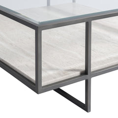 Harlow Glass/White Travertine/Oil-Rubbed Bronze Cocktail Table - Ornate Home