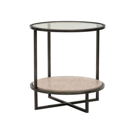 Harlow Raund White Travertine/Oil-Rubbed Bronze Side Table - Ornate Home
