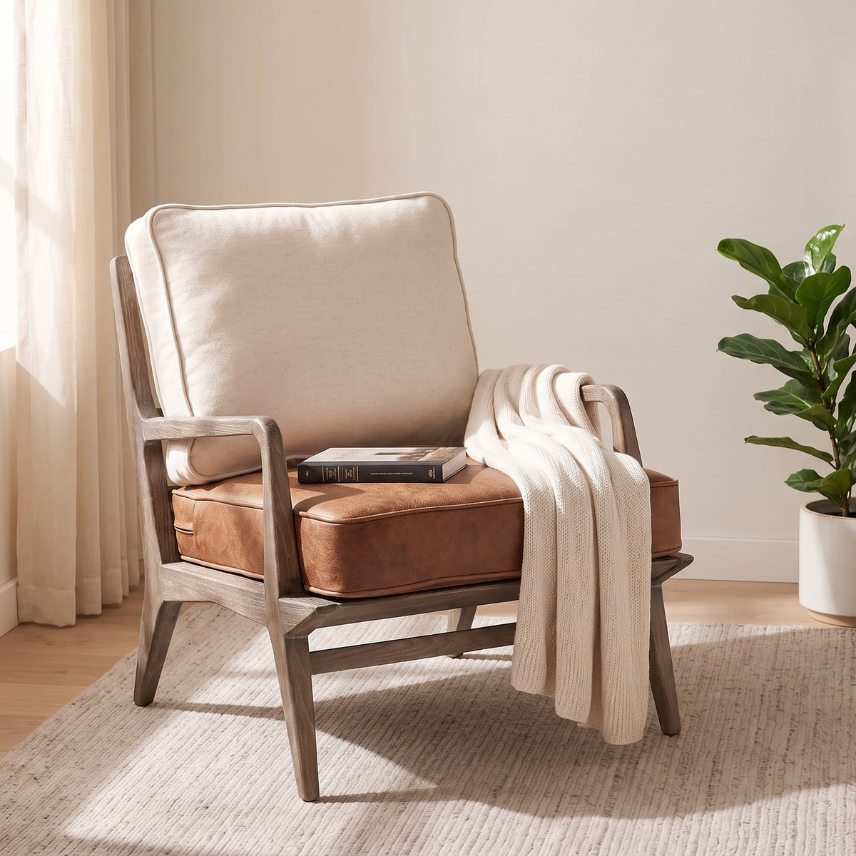 Harman Cream/Brown Fabric and Leather Seat Accent Chair - Ornate Home
