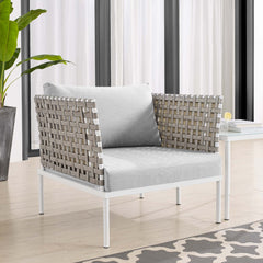Harmony Tan/Gray Sunbrella Basket Weave Outdoor Patio Aluminum Armchair - Ornate Home