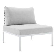 Harmony Tan/Gray Sunbrella Basket Weave Outdoor Patio Aluminum Armless Chair - Ornate Home